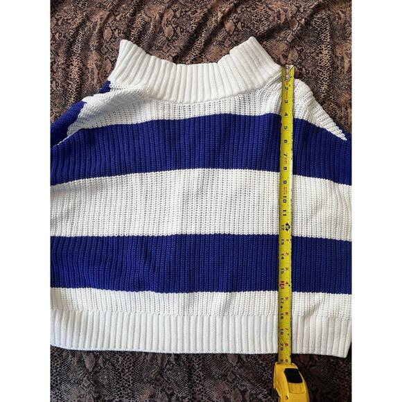 STAUDE Blue White Striped Quarter Zip Ribbed Cotton Blend Sweater Oversized M - Picture 4 of 7